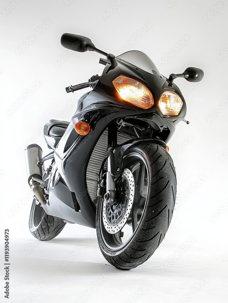 A sleek black motorcycle with bright headlights, showcasing its design and power. A sleek black motorcycle with bright headlights, showcasing its design and power.