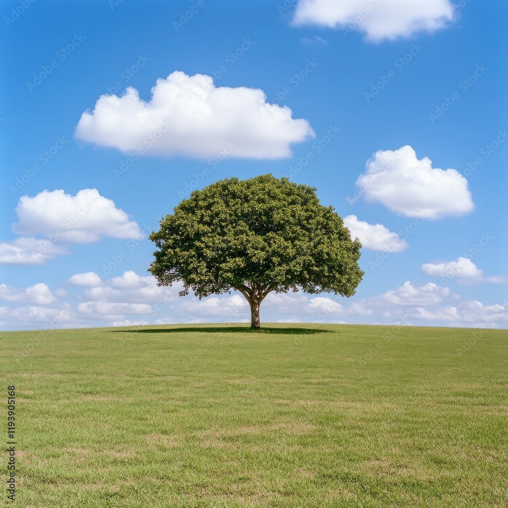 Obraz premium Lush Green Tree Under Blue Sky With Fluffy White Clouds