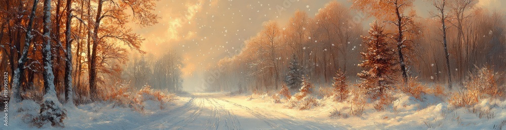 Fototapeta premium Winter Landscape Road with Snow Sunlight Trees and Frosty Atmosphere