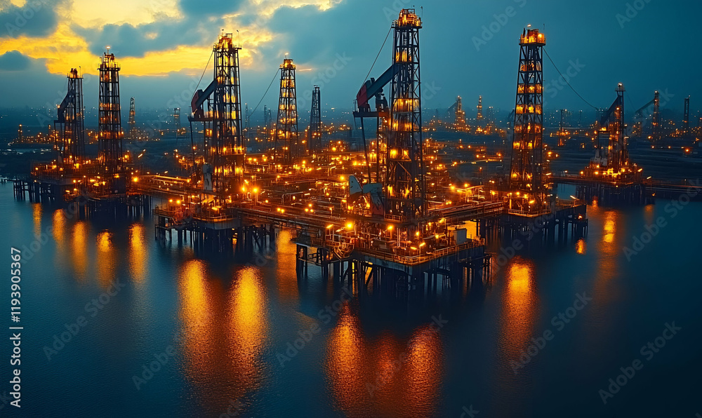 Offshore oil rigs at dusk, coastal refinery Offshore oil rigs at dusk, coastal refinery