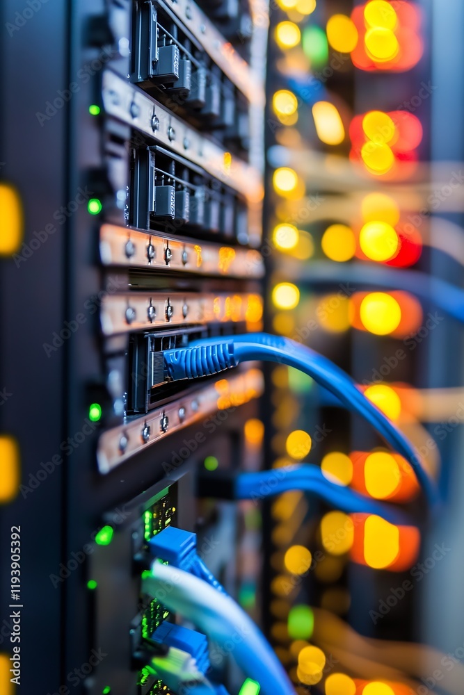 Naklejka premium Colorful Data Center Racks with Network Cables and Blurred LEDs in a Technological Environment : Generative AI