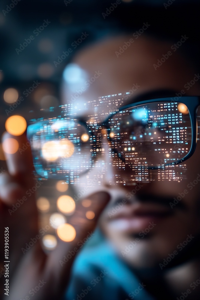 Futuristic technology concept with digital interface reflection on glasses : Generative AI Futuristic technology concept with digital interface reflection on glasses : Generative AI
