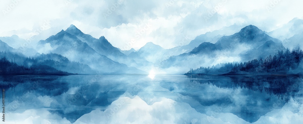 Obraz premium Calm Blue Watercolor Abstract Landscape with Soft Light and Minimalist Design