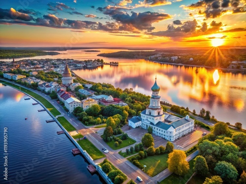 Aerial drone footage showcases Kostroma's historic charm bathed in Volga River sunset. photo