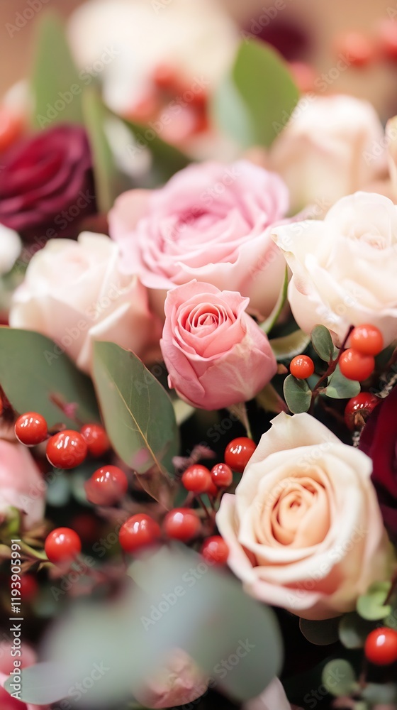 Elegant Soft Pink and White Roses with Vibrant Red Berries and Lush Greenery : Generative AI Elegant Soft Pink and White Roses with Vibrant Red Berries and Lush Greenery : Generative AI