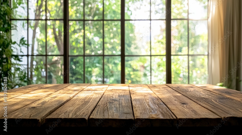 Rustic Wooden Tabletop Sunny Window Green Nature Background Mockup Product Display Rustic Wooden Tabletop Sunny Window Green Nature Background Mockup Product Display