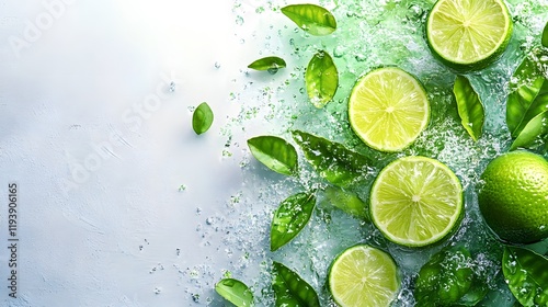 Fresh lemon drink. Lemonade with mint and sparkling water in glass background, space for text