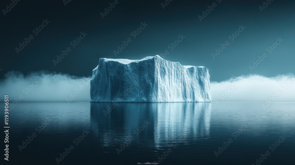 Iceberg floating in misty ocean at night.