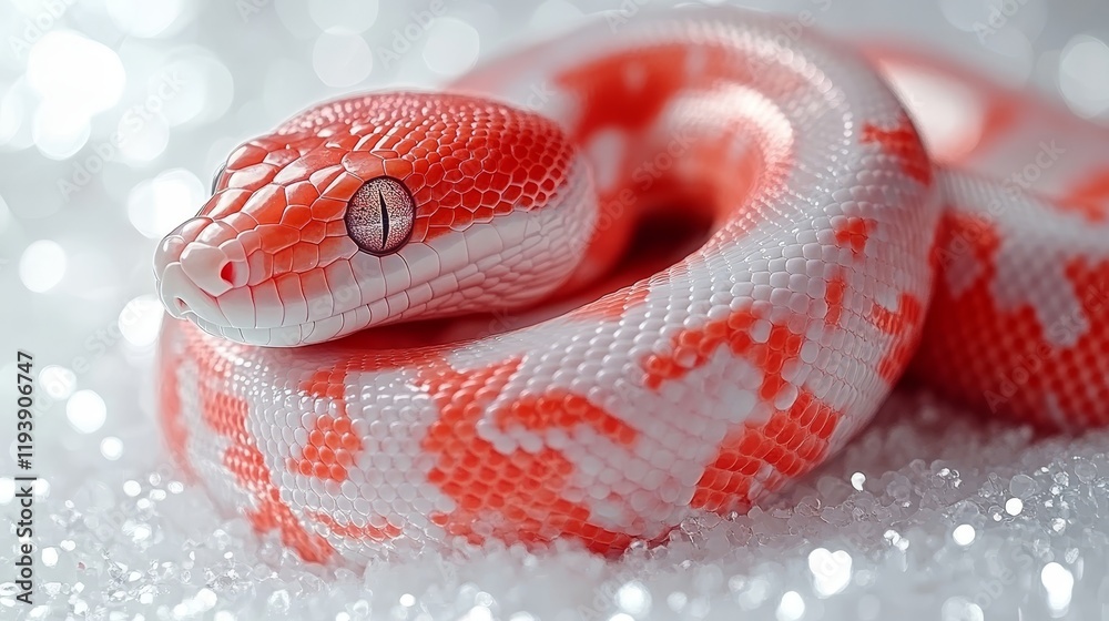 Fototapeta premium Beautiful Salmon Colored Scaled Reptile Resting on Sparkly Festive Background with Copy Space