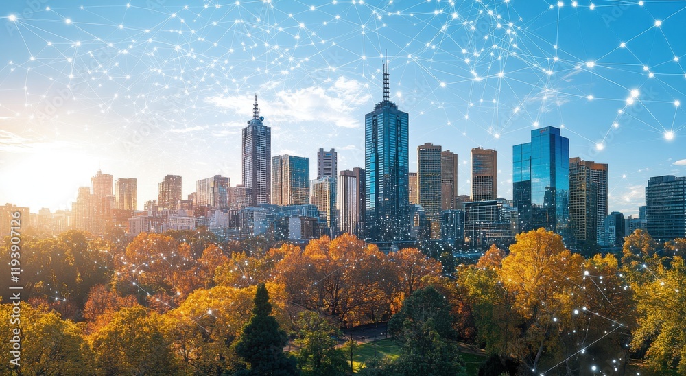 Obraz premium Vibrant City Skyline at Sunset with Autumn Trees and Connection Network Illustrating Urban Technology and Innovation