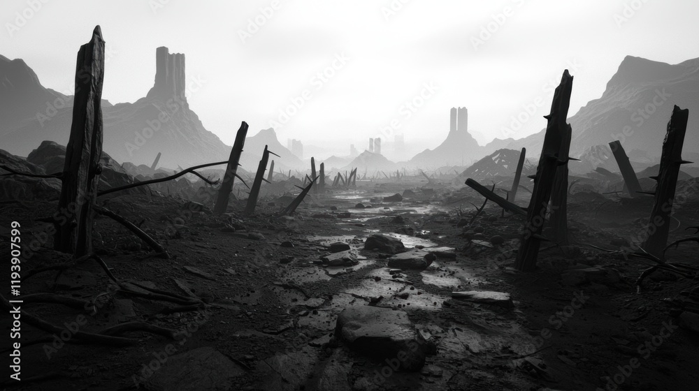 Desolate Landscape with Ruins and Barren Trees in Fog Desolate Landscape with Ruins and Barren Trees in Fog