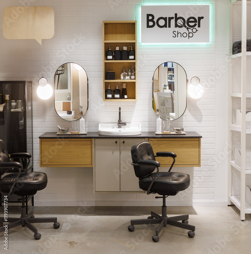 Barbershop interior with chairs and light bulbs