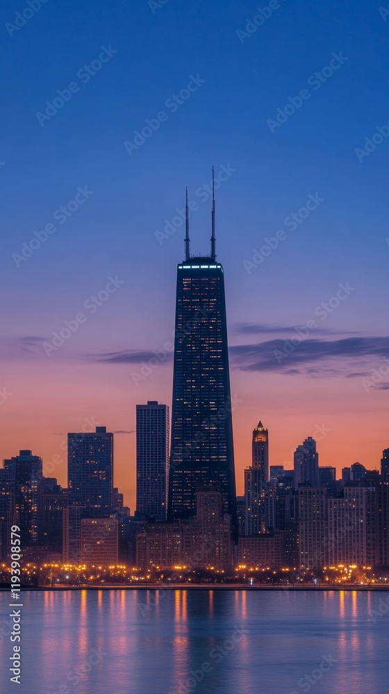 Fototapeta premium tall buildings illuminated at sunset next to a lake in Dubai with copy space vertically 9:16
