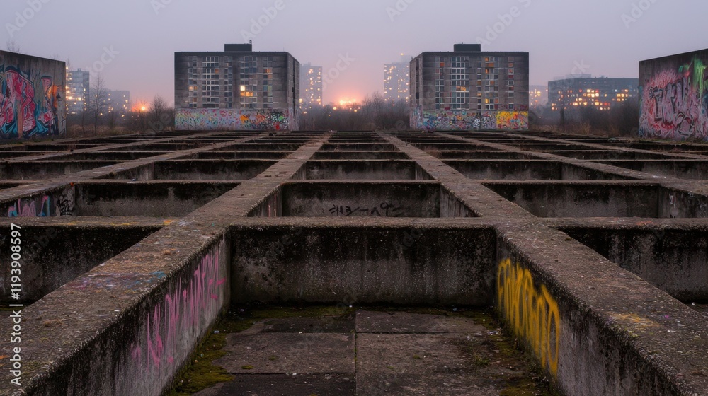 Obraz premium Abandoned Urban Site with Graffiti and Fog at Dusk Landscape