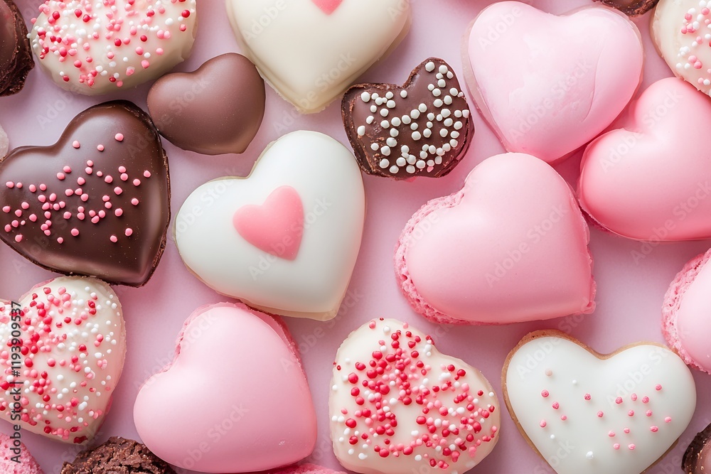 Obraz premium Colorful Assorted Heart Shaped Cookies with Sprinkles on Pink Background : Generative AI