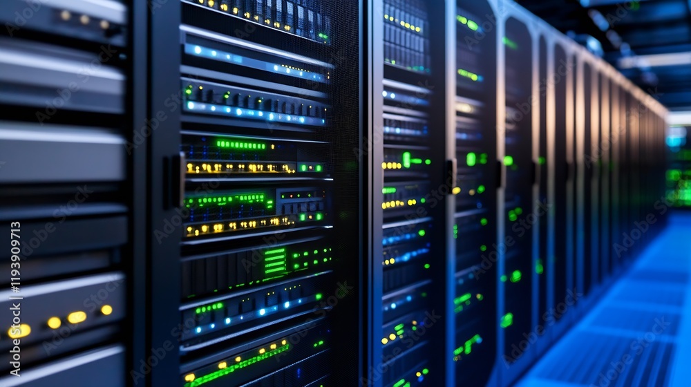 High-tech server room with modern networking equipment and glowing data lights : Generative AI High-tech server room with modern networking equipment and glowing data lights : Generative AI