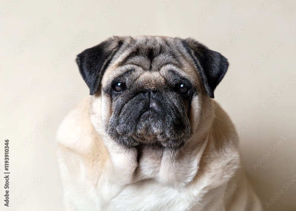 Close-up portrait of a beige pug Close-up portrait of a beige pug