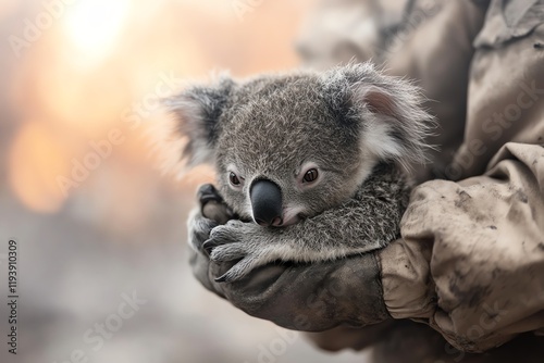 A close-up image of a cute, rescued koala being lovingly held in a person's hands.