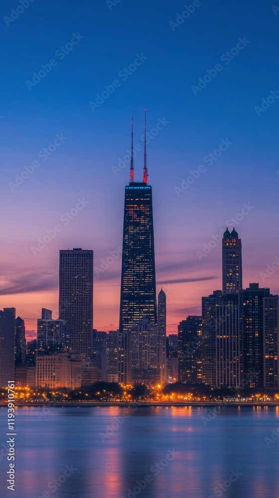 Fototapeta premium tall buildings illuminated at sunset next to a lake in Dubai with copy space vertically 9:16