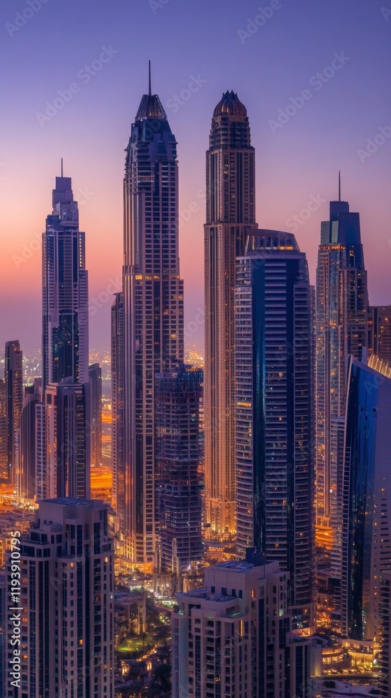 Obraz premium tall buildings illuminated at sunset next to a lake in Dubai with copy space vertically 9:16
