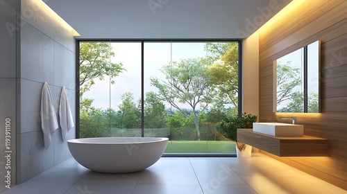 Modern Bathroom Design  Freestanding Tub  Nature View - Biophilic d.
