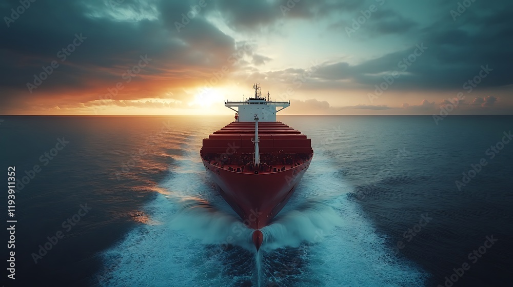 Cargo ship sailing at sunset over calm ocean waters maritime scene