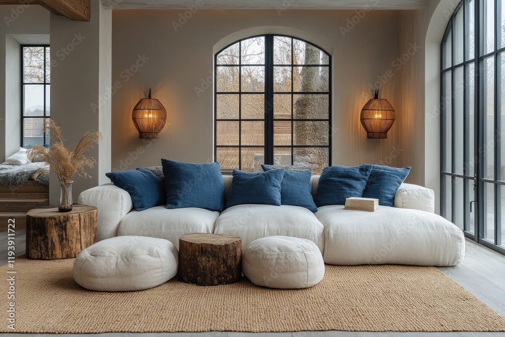 Fototapeta premium Minimalist Scandinavian Living Room Interior with Comfortable Sofa and Blue Cushions