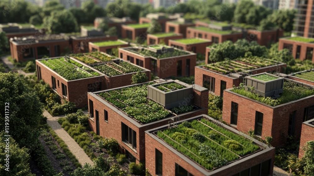 Fototapeta premium Urban Green Rooftops with Lush Vegetation in Sustainable Community