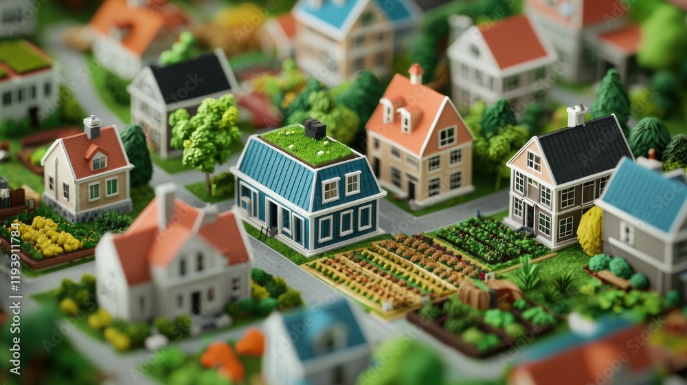 Miniature Model Village with Colorful Houses and Greenery