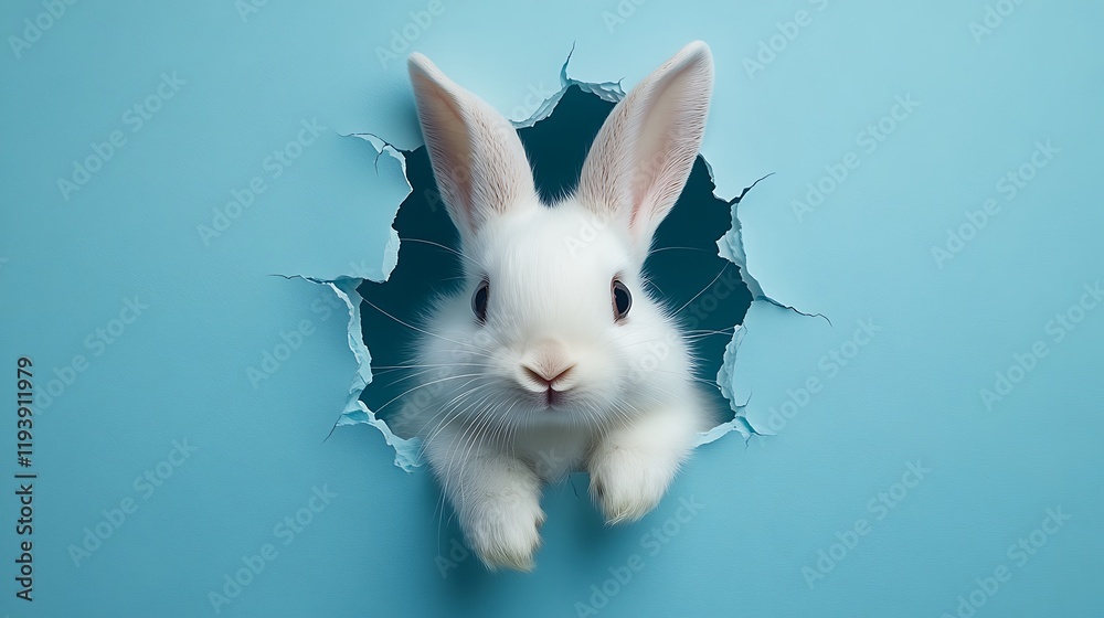 Playful rabbit emerging from wall studio animal photography whimsical close-up