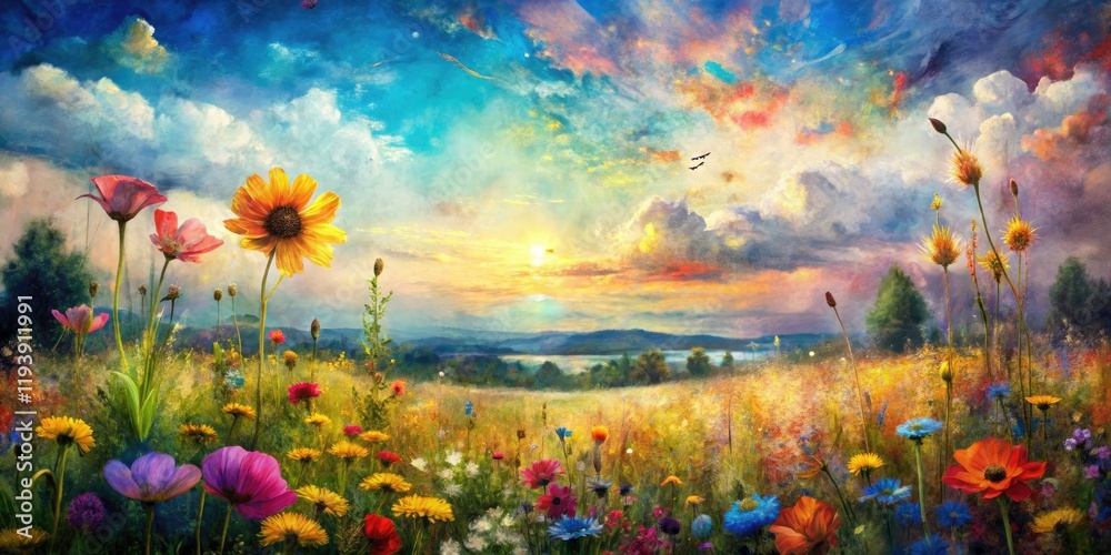 Obraz premium Vibrant floral art: a double exposure impasto painting, blending wildflower photography and surrealism.