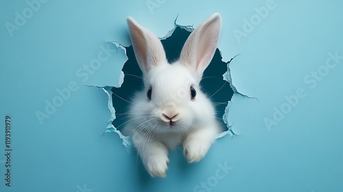 Obraz na płótnie Playful rabbit emerging from wall studio animal photography whimsical close-up w salonie
