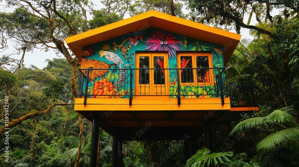 Vibrant Treehouse with Colorful Mural in Lush Tropical Forest Vibrant Treehouse with Colorful Mural in Lush Tropical Forest
