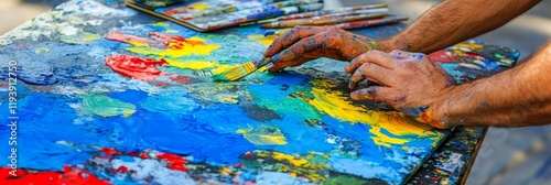 Close-Up, Artist s Hands Covered in Paint While Creating a Vibrant Abstract Painting Outdoors photo