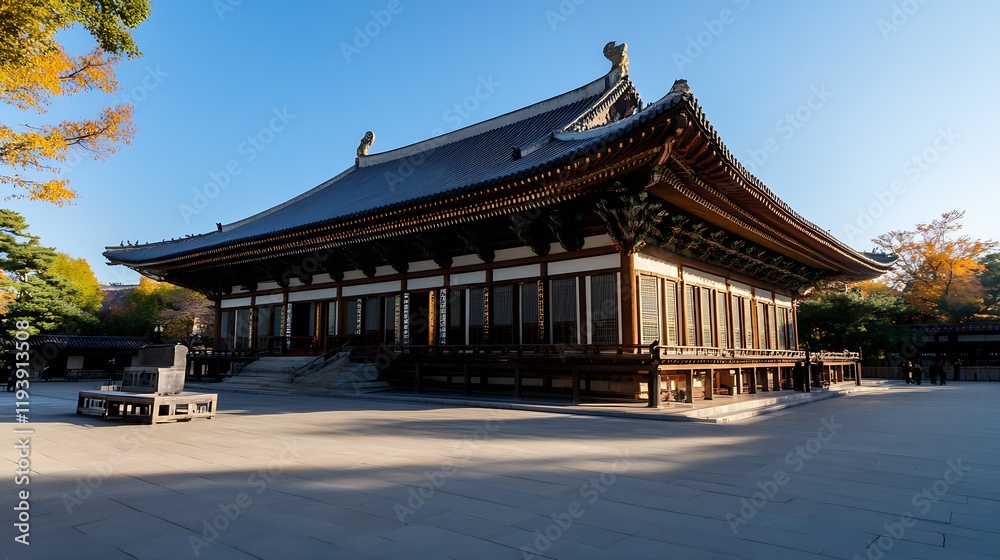 Traditional Japanese Temple with Intricate Architecture Amidst Autumn Foliage and Clear Blue Sky : Generative AI Traditional Japanese Temple with Intricate Architecture Amidst Autumn Foliage and Clear Blue Sky : Generative AI