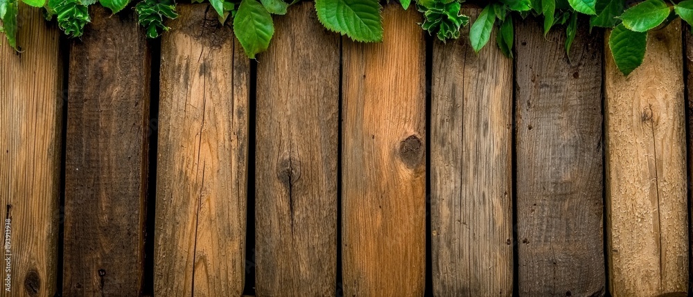 Rustic Wooden Planks Background with Green Leaves Rustic Wooden Planks Background with Green Leaves
