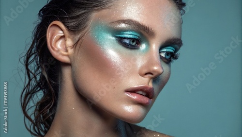 A striking portrait featuring a woman with iridescent makeup in shades of aquamarine and silver perfectly highlighting her features. Her skin glows with a wetlook finish and each photo