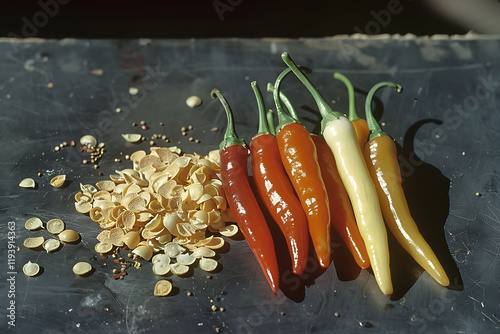 spicy pepper varieties, assorted chili peppers in different sizes and colors on a table, with one sliced open to reveal its seeds photo