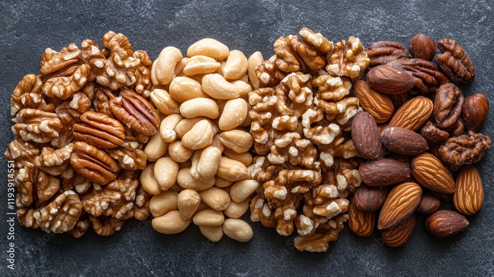 Assorted nuts on dark background, food photography for recipe or packaging Assorted nuts on dark background, food photography for recipe or packaging