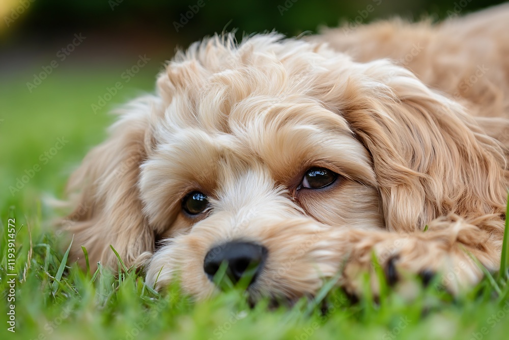 Fluffy Golden Dog Resting on Green Grass Capturing Tranquil and Joyful Pet Moments : Generative AI Fluffy Golden Dog Resting on Green Grass Capturing Tranquil and Joyful Pet Moments : Generative AI