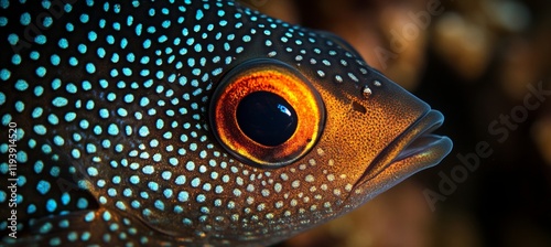 Close-Up Of An Exotic Fish With Vibrant Orange And Black Head Covered In Striking Blue Dots photo