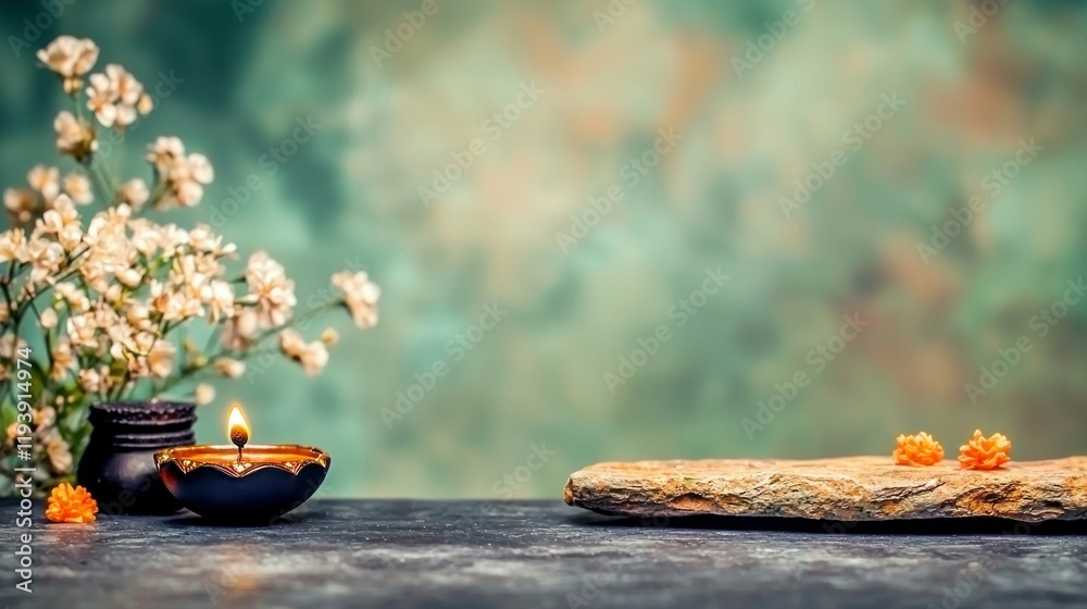 Serene Diwali Lit Diya Flowers Stone Peaceful Background Serene Diwali Lit Diya Flowers Stone Peaceful Background