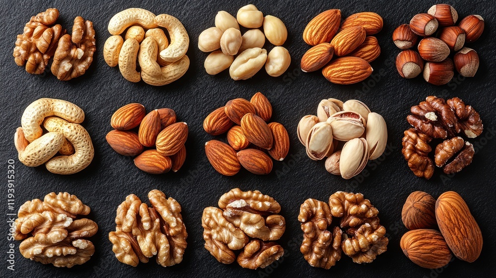 Assorted Nuts on Dark Surface, Food Photography, Healthy Snack Assorted Nuts on Dark Surface, Food Photography, Healthy Snack