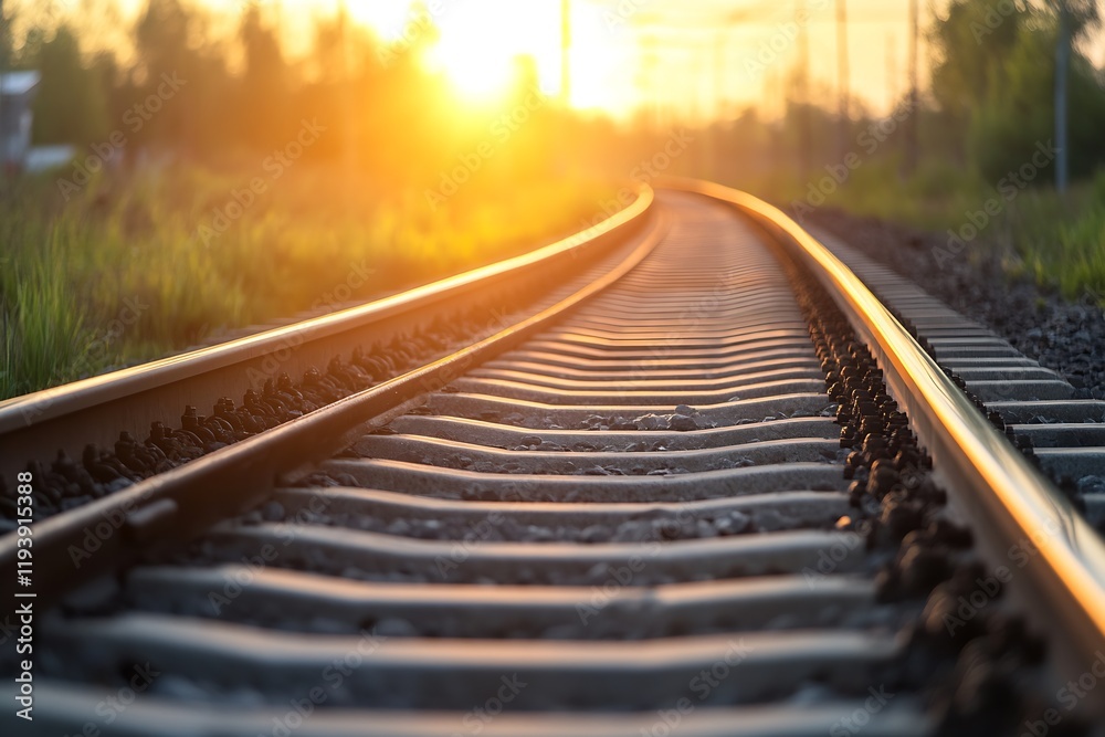 Fototapeta premium Railway Tracks Extending into the Sunset Creating a Silhouette Effect : Generative AI