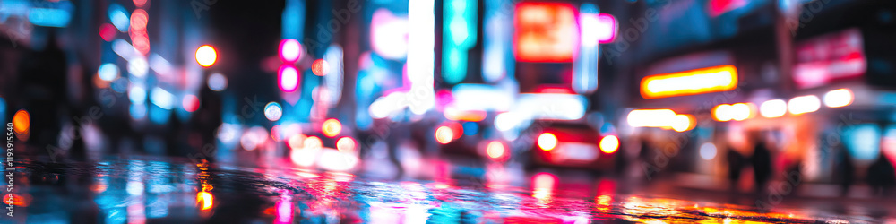 Nighttime City Street with Wet Pavement and Neon Lights Nighttime City Street with Wet Pavement and Neon Lights