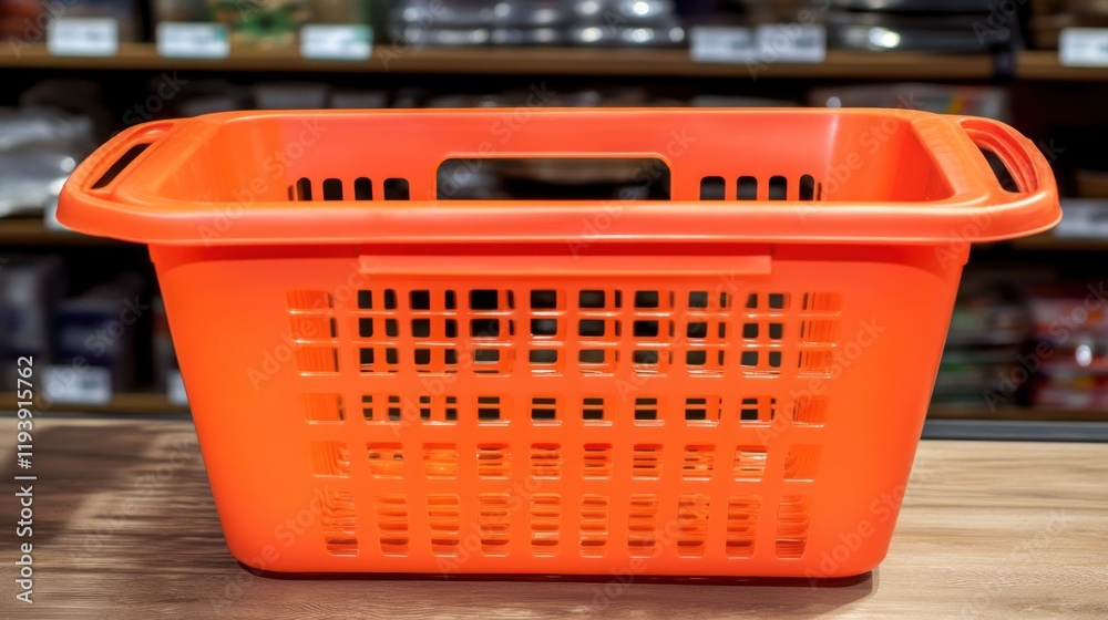 Fototapeta premium A Vibrant Orange Plastic Shopping Basket on a Wooden Countertop