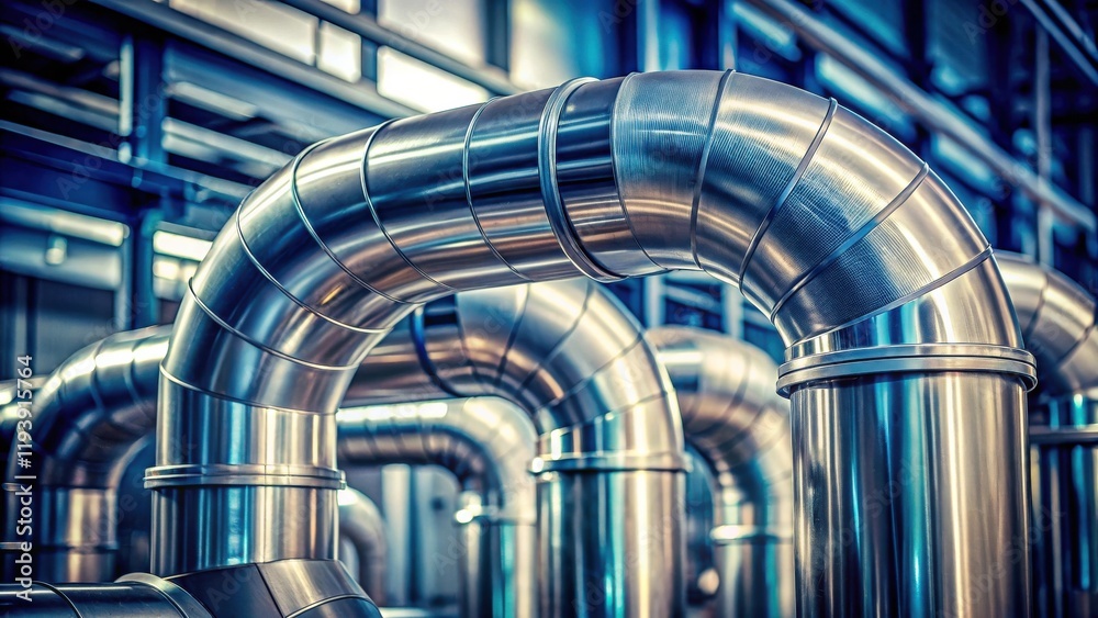 Industrial Metal Piping System A Close-Up View of Shiny, Polished, Interconnected Pipes in a Modern Facility Industrial Metal Piping System A Close-Up View of Shiny, Polished, Interconnected Pipes in a Modern Facility