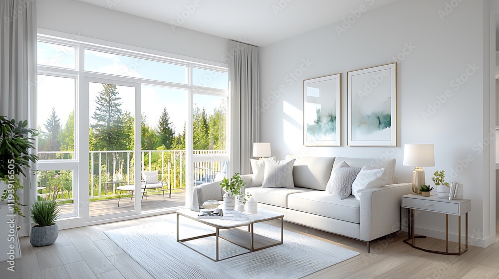 Fototapeta premium Modern Living Room with Balcony View - Minimalist Design