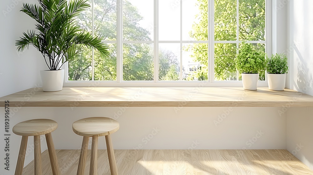 Fototapeta premium Sunny Window Seat with Plants & Stools - Minimalist Design