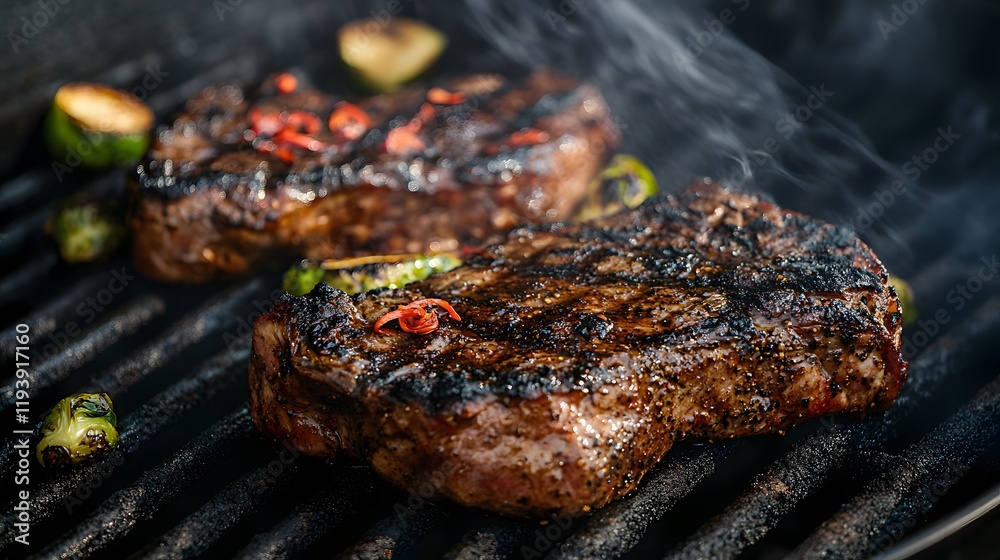 Grilled steaks with spices and vegetables on the barbecue. Grilled steaks with spices and vegetables on the barbecue.